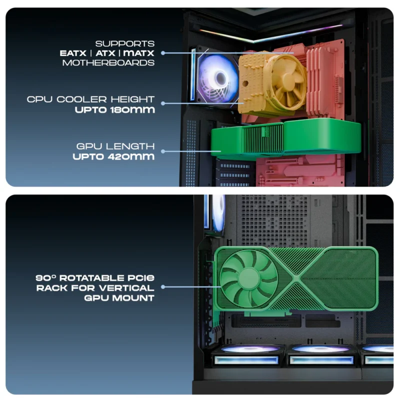 DAWG Y907 Black ARGB EATX Full Tower Cabinet – Ultra‑Powerful Gaming & Workstation Case with 4 ARGB Infinity Fans, 420mm AIO, 180mm CPU Cooler & 9 PCIe Slots 2 DAWG Y907 Black ARGB EATX Full Tower Cabinet