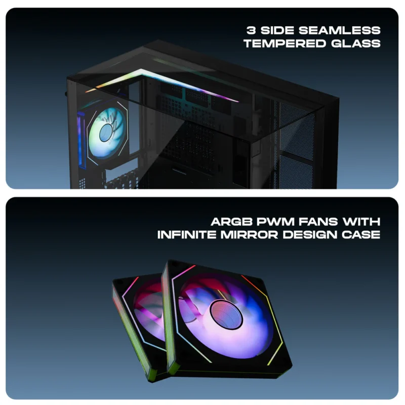 DAWG Y907 Black ARGB EATX Full Tower Cabinet – Ultra‑Powerful Gaming & Workstation Case with 4 ARGB Infinity Fans, 420mm AIO, 180mm CPU Cooler & 9 PCIe Slots 4 DAWG Y907 Black ARGB EATX Full Tower Cabinet
