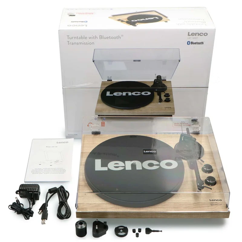 Lenco LBT-188PI Bluetooth record player with Audio-Technica cartridge and USB recording, premium wooden vinyl turntable for home audio setup