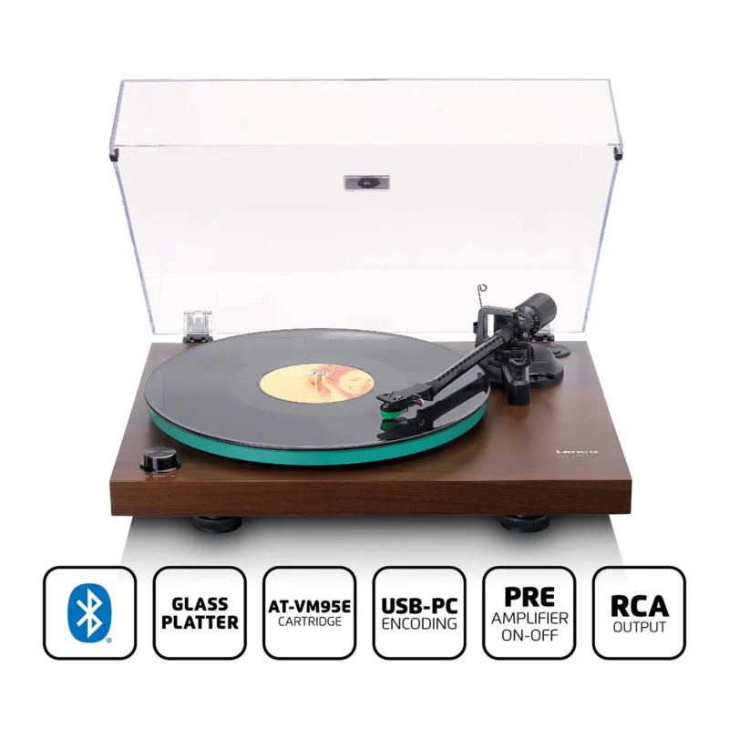 Lenco LBT-225WA Bluetooth record player with wooden finish and belt-drive system, premium vinyl turntable for wireless home audio setup