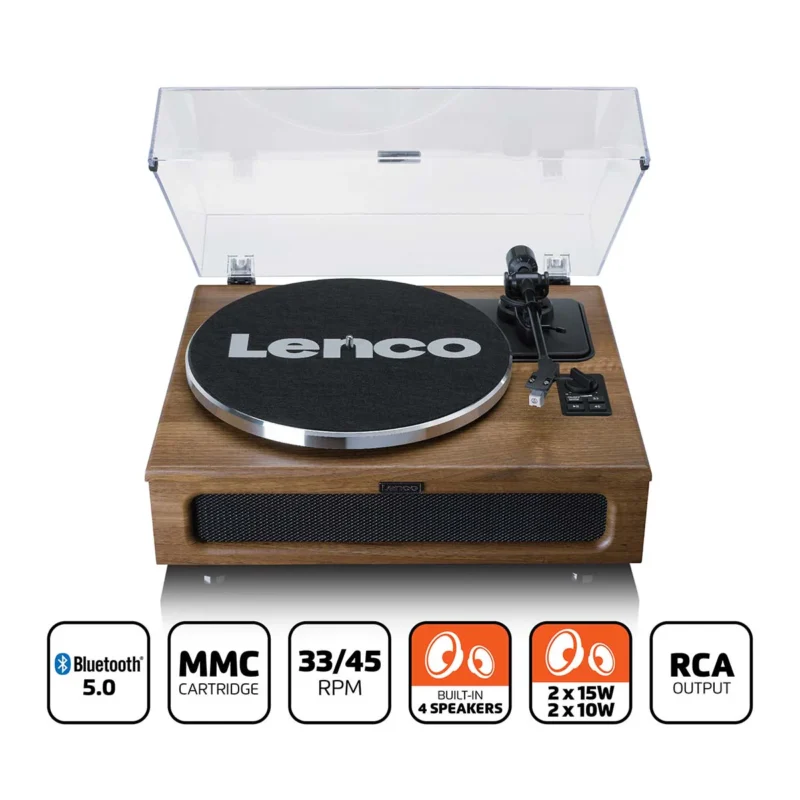 Lenco LS-410WA record player with 4 built-in speakers and Bluetooth, all-in-one wooden vinyl turntable for home audio setup