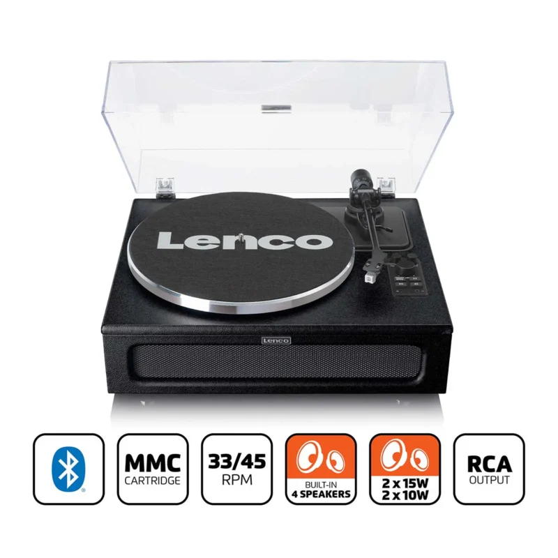 Lenco LS-430BK record player with 4 built-in speakers and black finish, Bluetooth vinyl turntable for home audio setup
