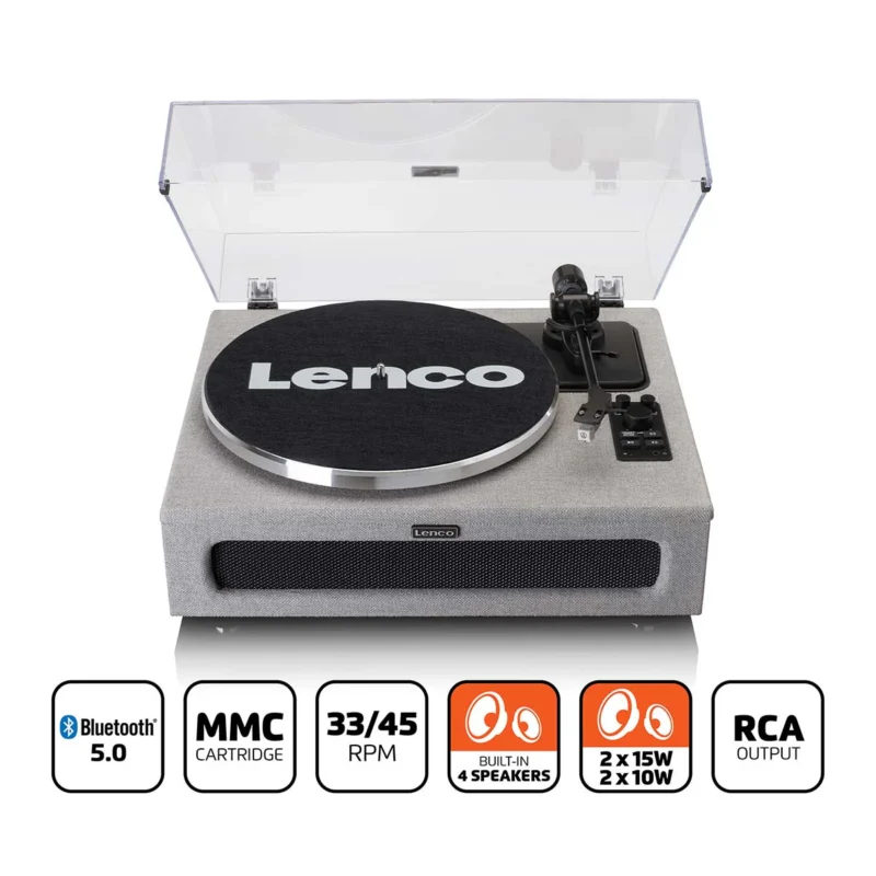 Lenco LS-440GY Bluetooth record player with 4 built-in speakers and stylish grey finish for premium vinyl playback