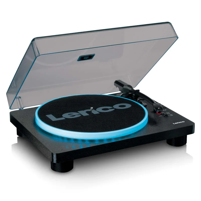 Lenco LS-50LED BK black record player with built-in speakers, LED lighting, and PC encoding functionality