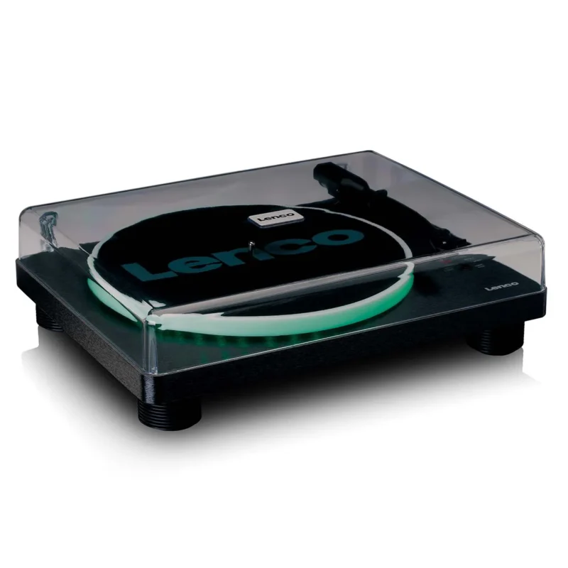 Lenco LS-50LED BK black record player with built-in speakers, LED lighting, and PC encoding functionality