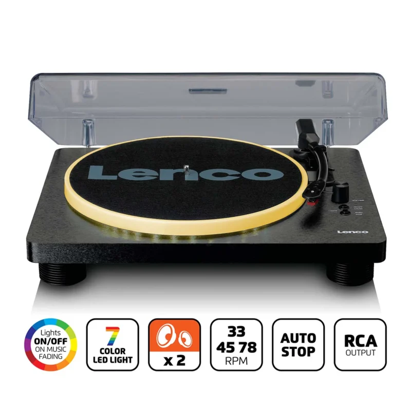 Lenco LS-50LED BK black record player with built-in speakers, LED lighting, and PC encoding functionality