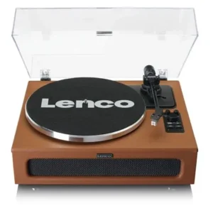 Lenco LS-430BN Bluetooth record player with 4 built-in speakers and premium brown finish, all-in-one vinyl turntable for powerful home audio setup