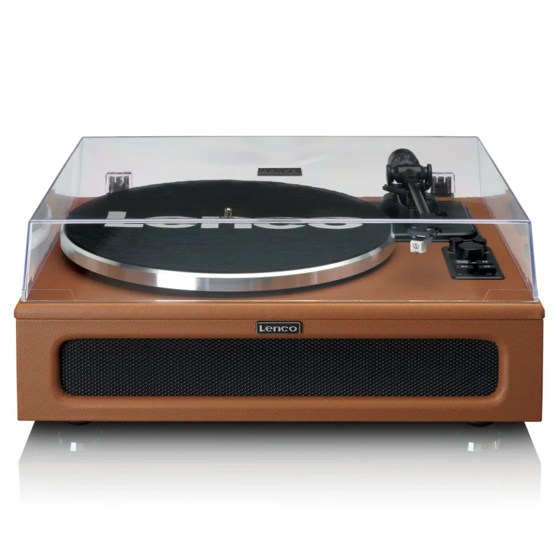 Lenco LS-430BN Bluetooth record player with 4 built-in speakers and premium brown finish, all-in-one vinyl turntable for powerful home audio setup