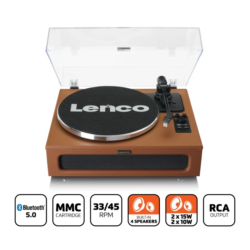 Lenco LS-430BN Bluetooth record player with 4 built-in speakers and premium brown finish, all-in-one vinyl turntable for powerful home audio setup
